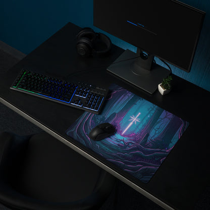 Neon forest vaporwave mouse pad with vibrant teal and purple sword design for esports gaming desks