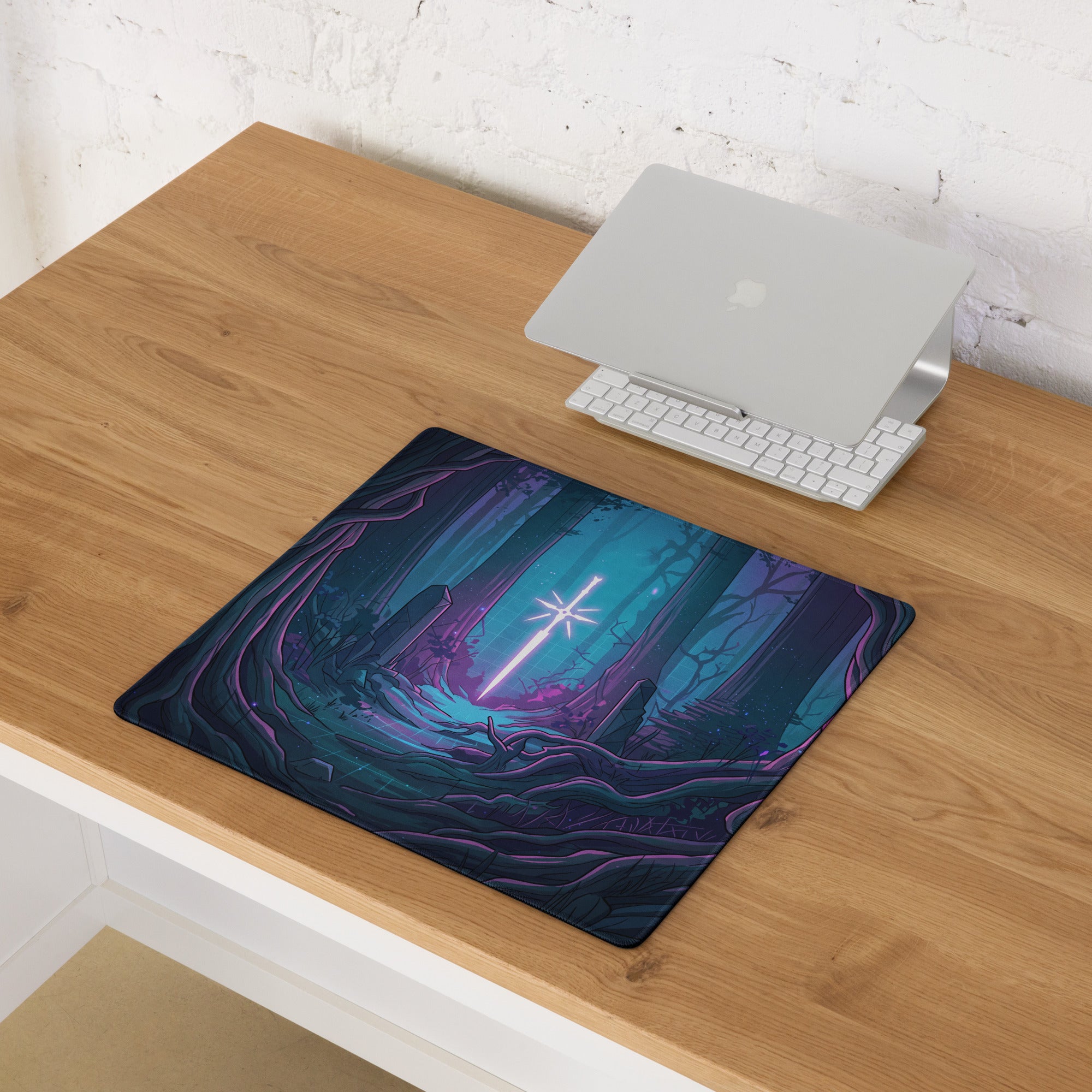 Neon forest vaporwave rectangular gaming mousepad with glowing sword fantasy design in vibrant purple and blue tones