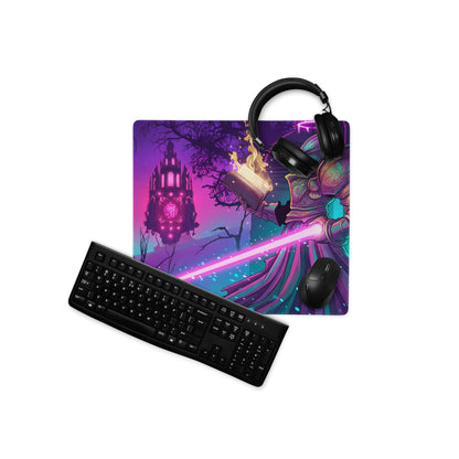 Vibrant purple pink and teal neon vaporwave gaming mouse pad with glowing sword character and floating castle design