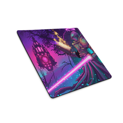 Neon vaporwave gaming mouse pad with vibrant purple and pink design featuring a fantasy warrior and floating castle background