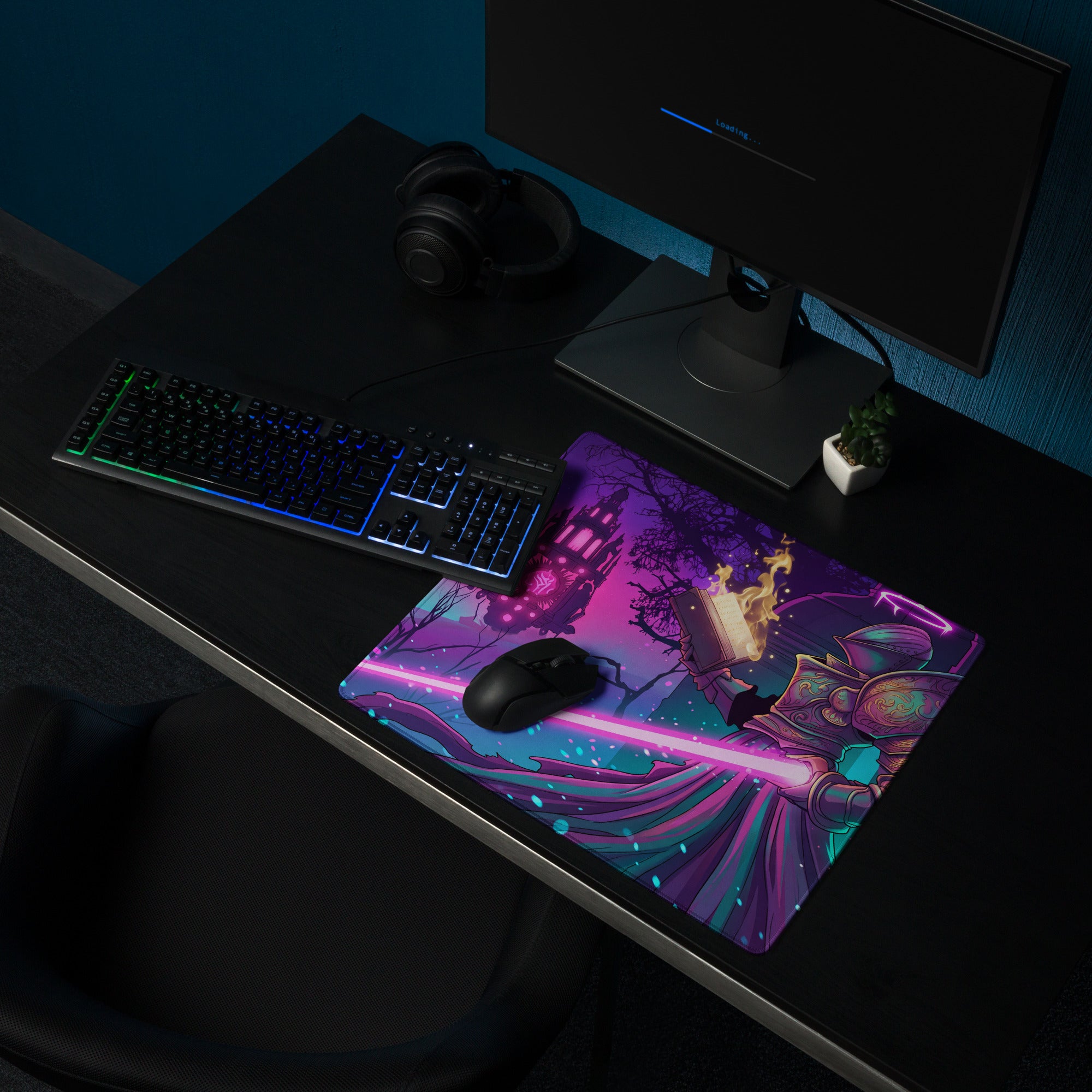 Neon vaporwave gaming mouse pad with vibrant purple pink teal colors featuring a fantasy character with glowing sword