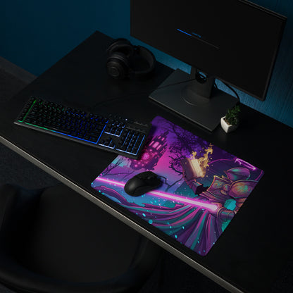 Neon vaporwave gaming mouse pad with vibrant purple pink teal colors featuring a fantasy character with glowing sword