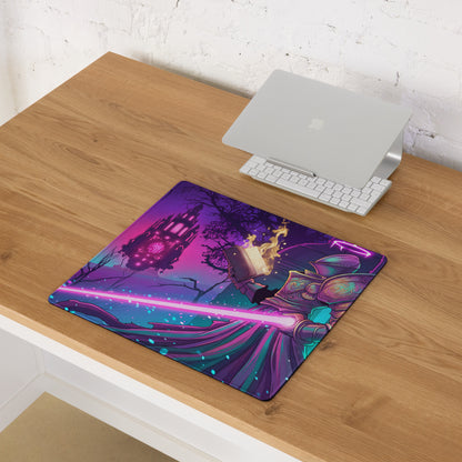 Neon vaporwave gaming mouse pad with vibrant purple pink teal fantasy knight and glowing sword castle design