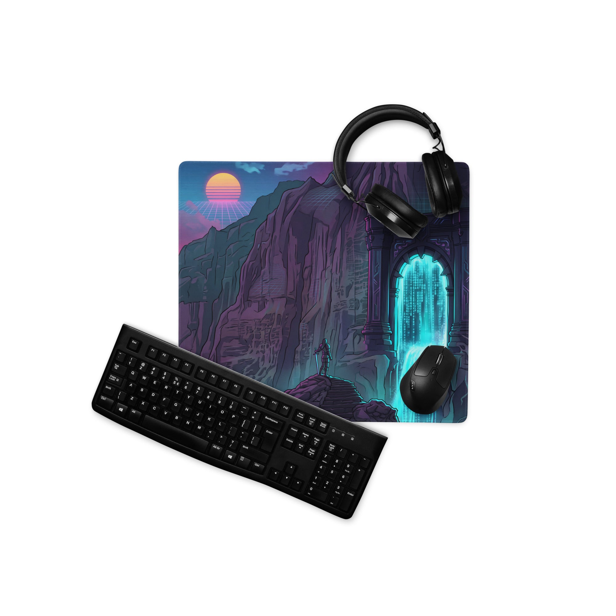 Neon mountain portal gaming mouse pad with vibrant sunset mountains and glowing blue waterfall in neon purple and blue