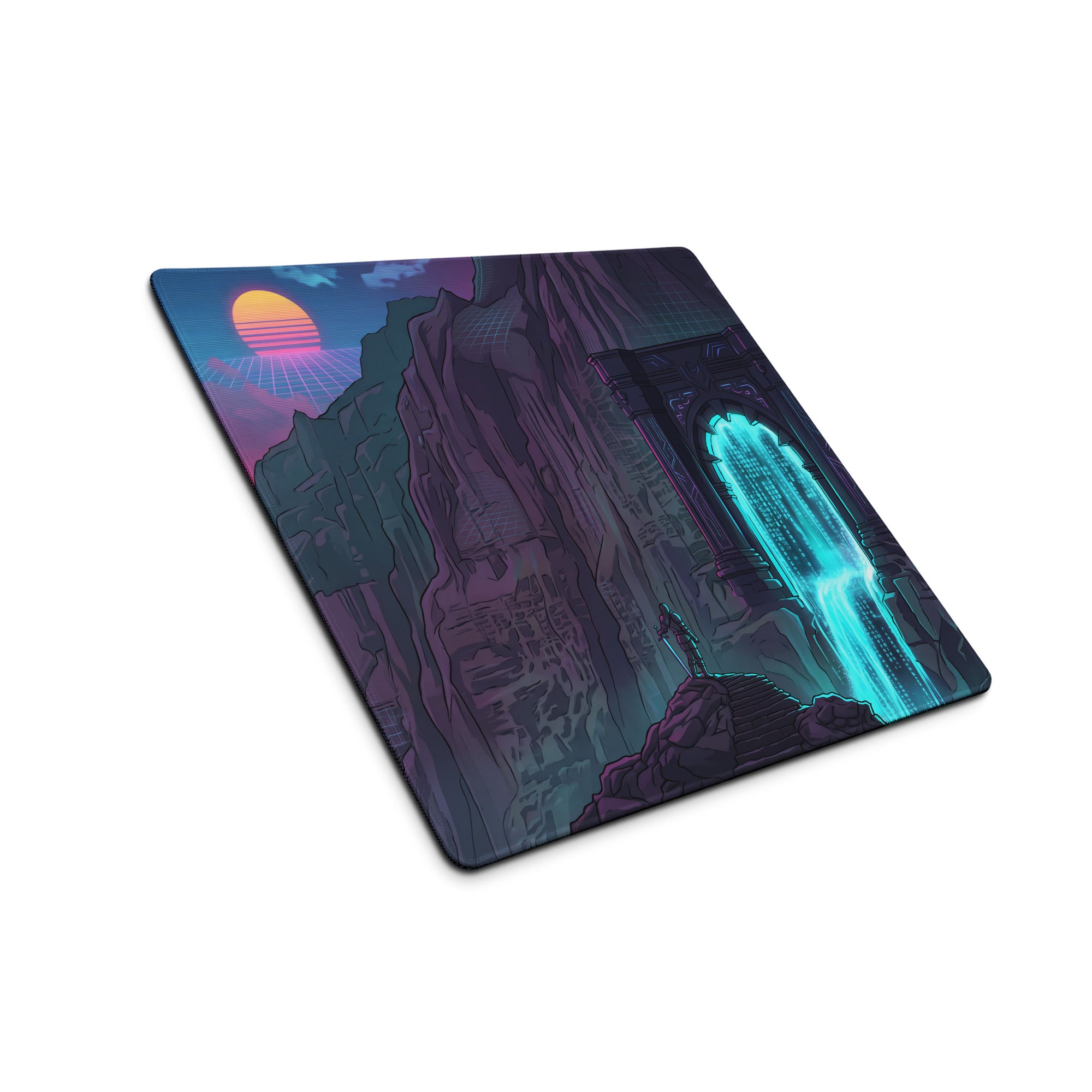 Neon mountain portal gaming mouse pad with glowing cyan waterfall and vibrant orange purple sunset design