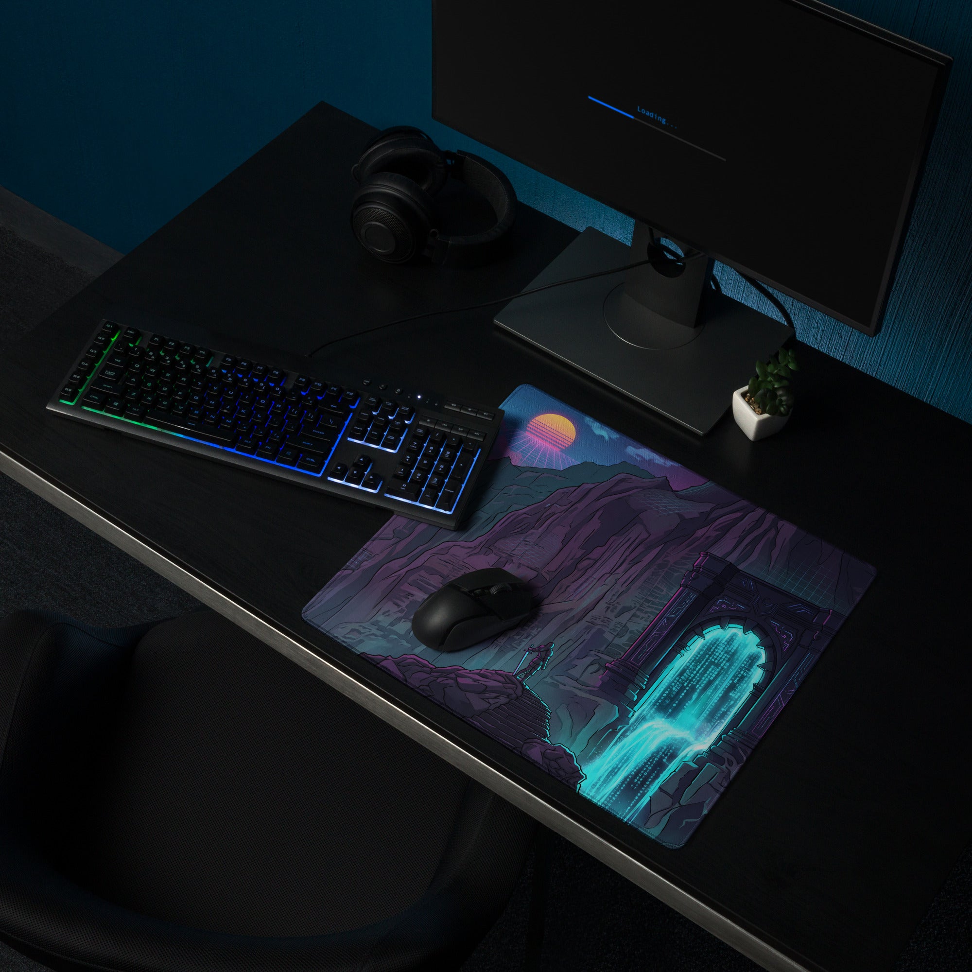 Neon mountain portal gaming mouse pad with vibrant teal waterfalls purple mountains and sunset cyberpunk digital art design