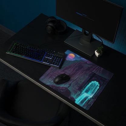 Neon mountain portal gaming mouse pad with vibrant teal waterfalls purple mountains and sunset cyberpunk digital art design
