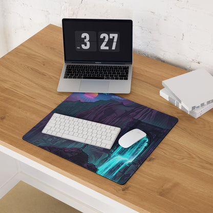 Neon mountain portal gaming mousepad with vibrant purple blue digital landscape of mountains and glowing streams