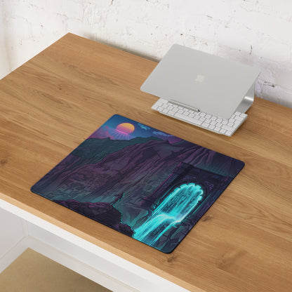 Neon mountain portal gaming mouse pad with navy blue and teal futuristic waterfall digital art and glowing cyan cascades