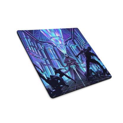 Vibrant purple and blue neon gaming mouse pad with vaporwave city design and futuristic crystalline characters for desk use