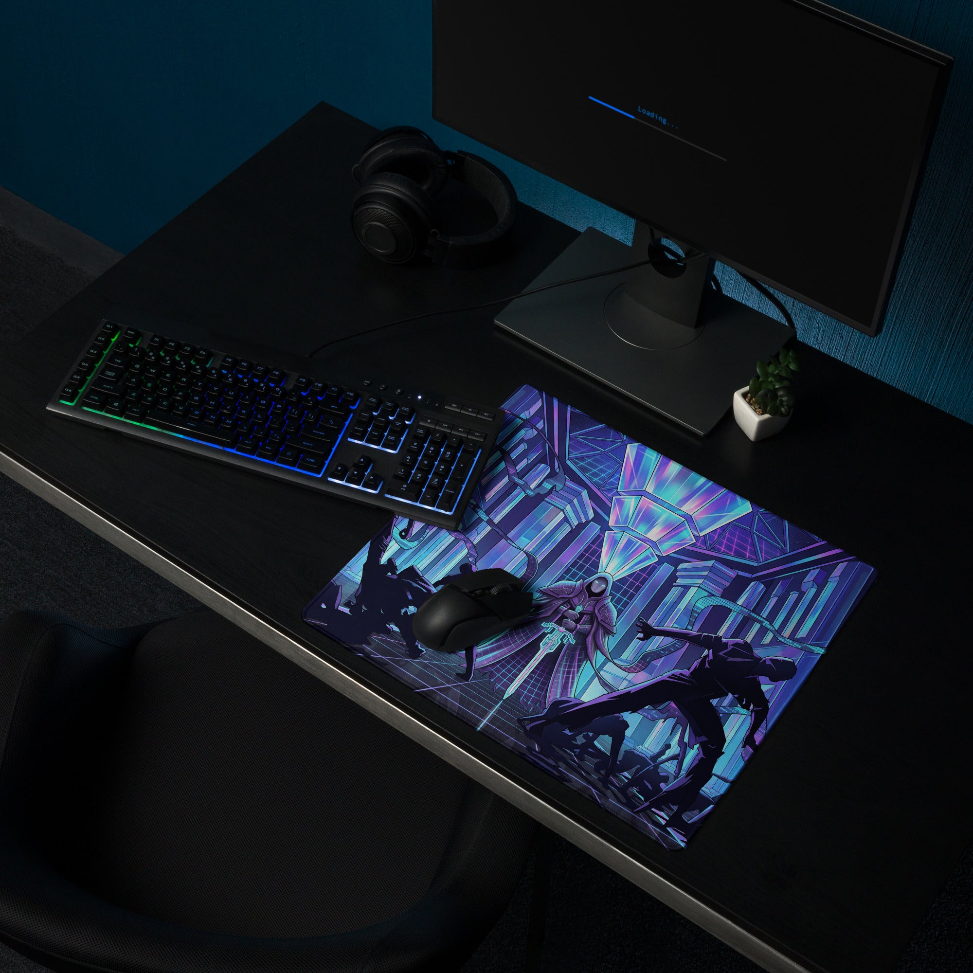 Vibrant purple and blue cyberpunk-themed gaming mouse pad with dynamic spider-man illustration for desktop use