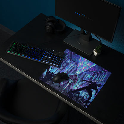 Vibrant purple and blue cyberpunk-themed gaming mouse pad with dynamic spider-man illustration for desktop use