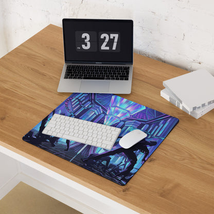 A vibrant rectangular mousepad with glowing blue and purple cyberpunk geometric patterns for gaming desks