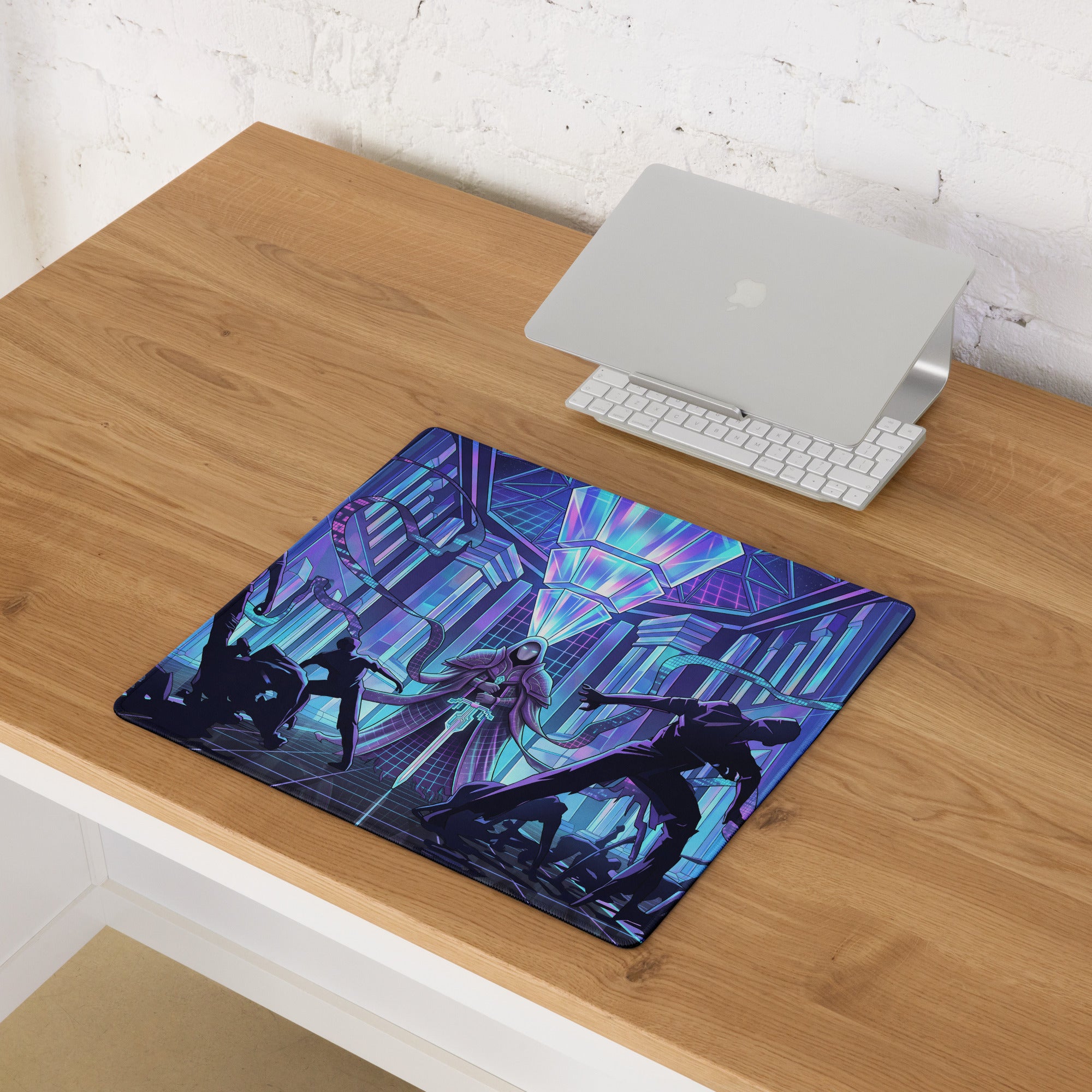 Vaporwave neon city mouse pad with vibrant purple and blue cyberpunk superhero design for gaming desks