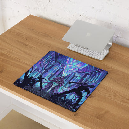 Vaporwave neon city mouse pad with vibrant purple and blue cyberpunk superhero design for gaming desks