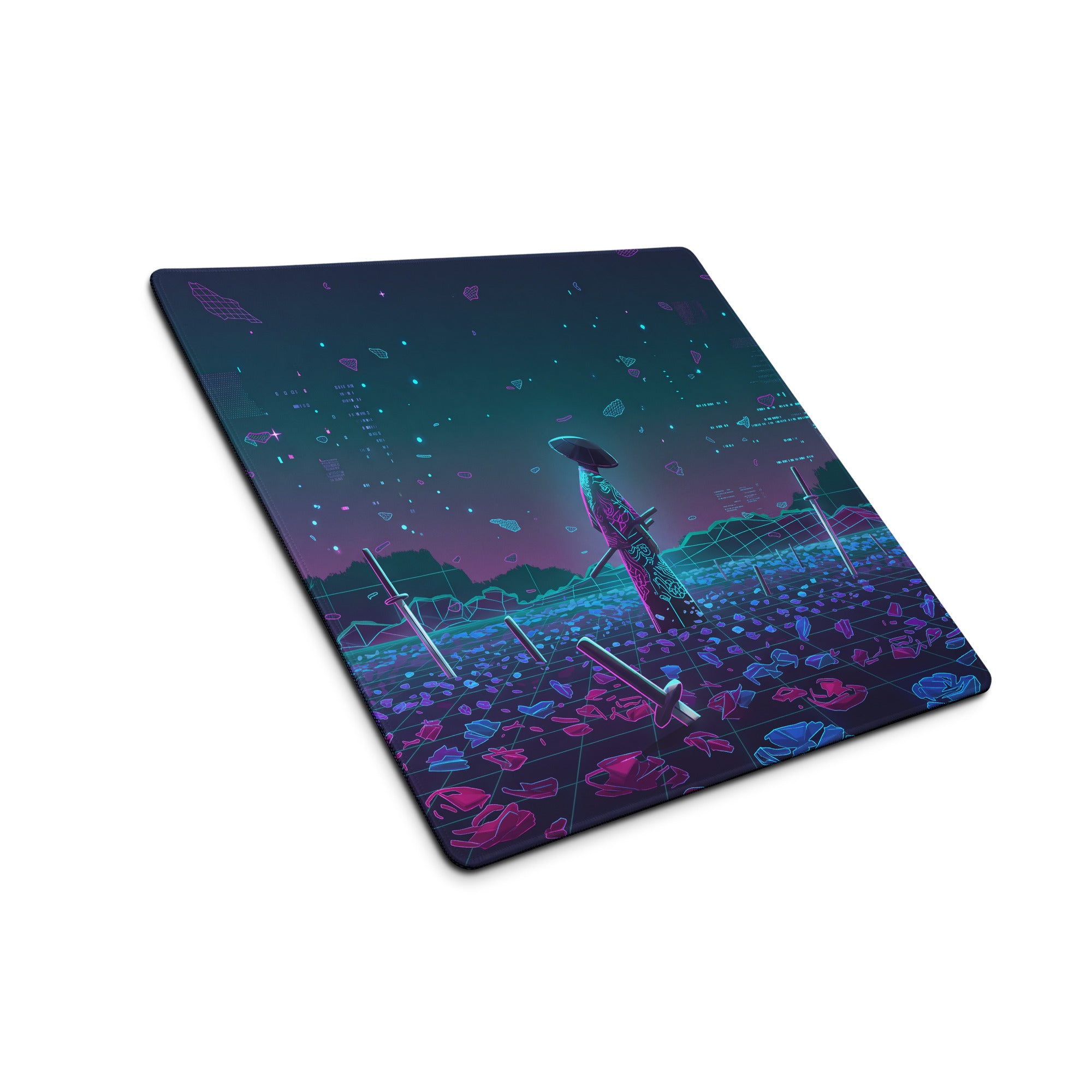 Neon vaporwave nightscape gaming mousepad with glowing nebula design in neon purple and blue for desk use