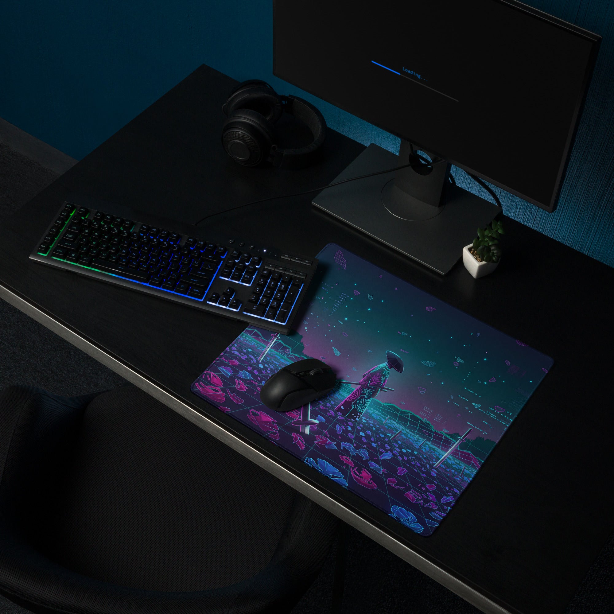 Neon vaporwave nightscape mouse pad with vibrant neon pink blue and teal nebula-themed cosmic design for gaming desk use