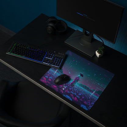 Neon vaporwave nightscape mouse pad with vibrant neon pink blue and teal nebula-themed cosmic design for gaming desk use
