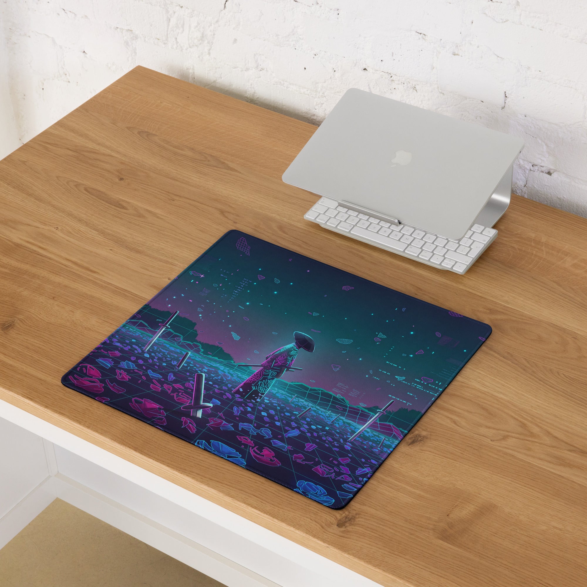 Navy blue and magenta neon cyberpunk mouse pad featuring a futuristic vaporwave nightscape digital art design