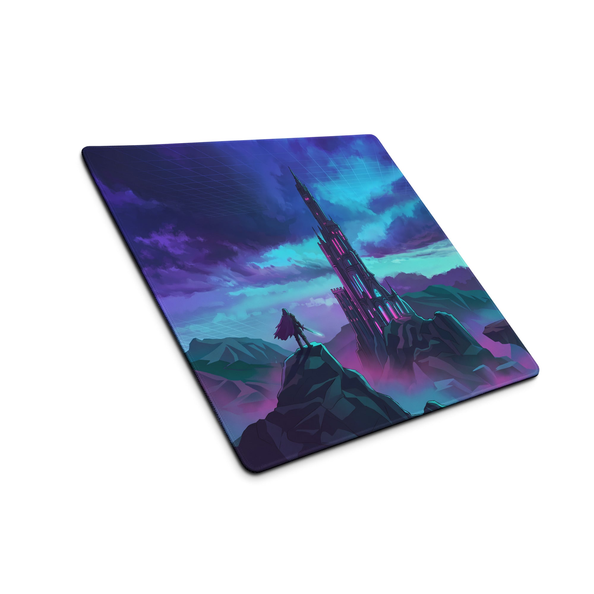 Neon city vaporwave rectangular gaming mousepad with vibrant purple blue cityscape and lone figure under dramatic sky