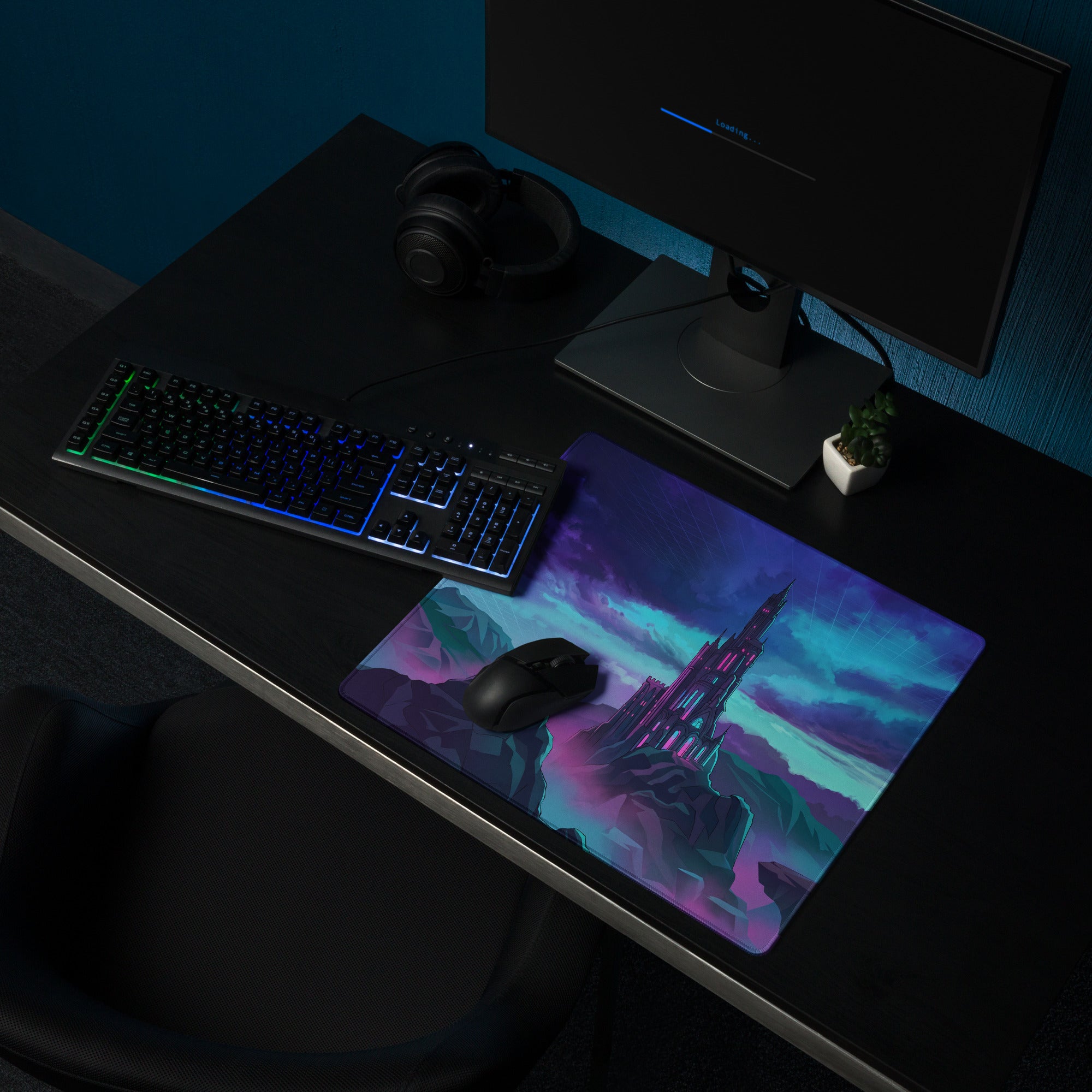 Neon city vaporwave rectangular gaming mousepad with vibrant purple blue fantasy castle under twilight sky design