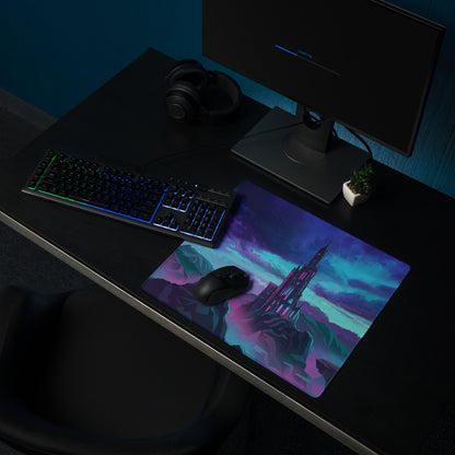 Neon city vaporwave rectangular gaming mousepad with vibrant purple blue fantasy castle under twilight sky design