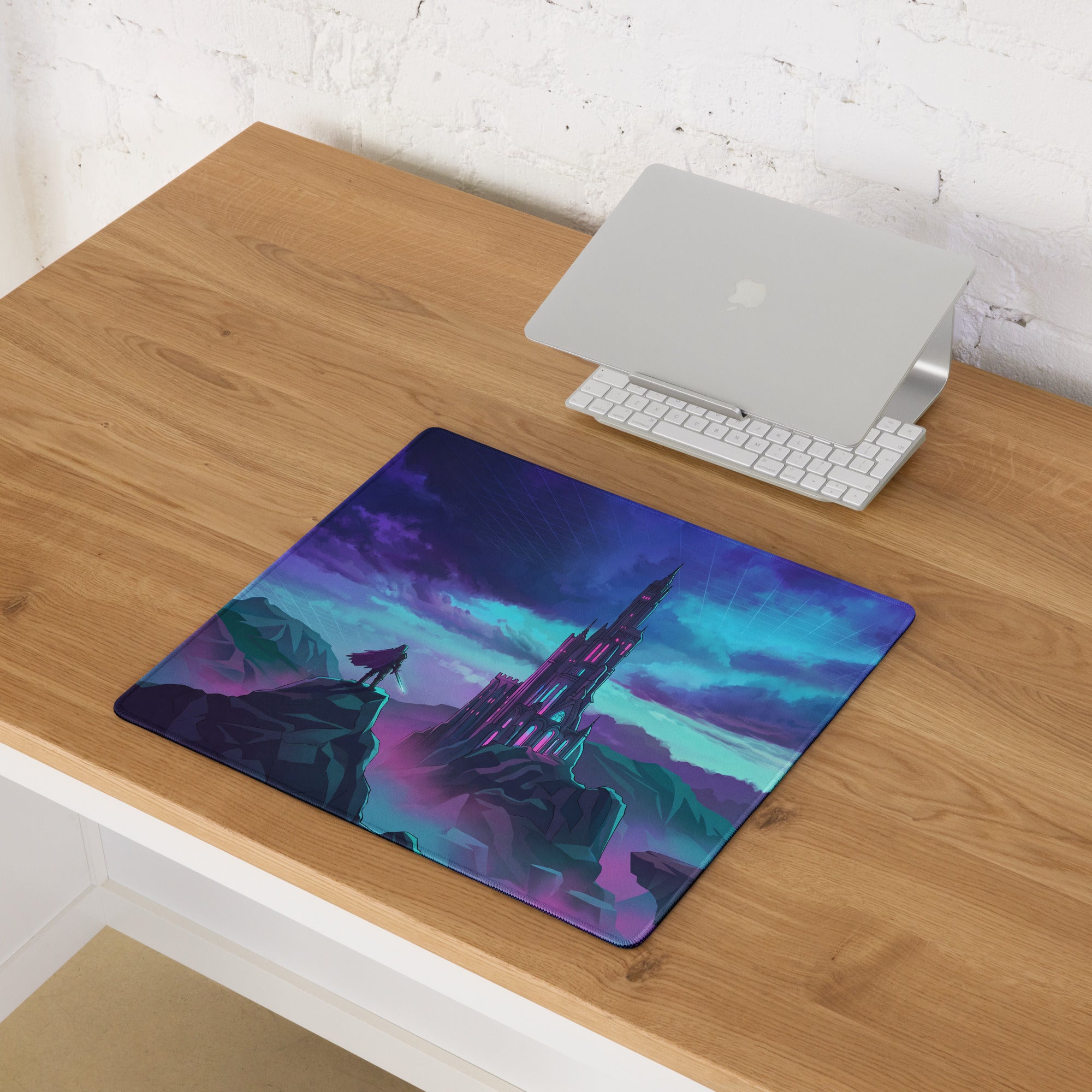 Neon city vaporwave mouse pad with vibrant purple and teal castle fantasy illustration for gaming desk setup