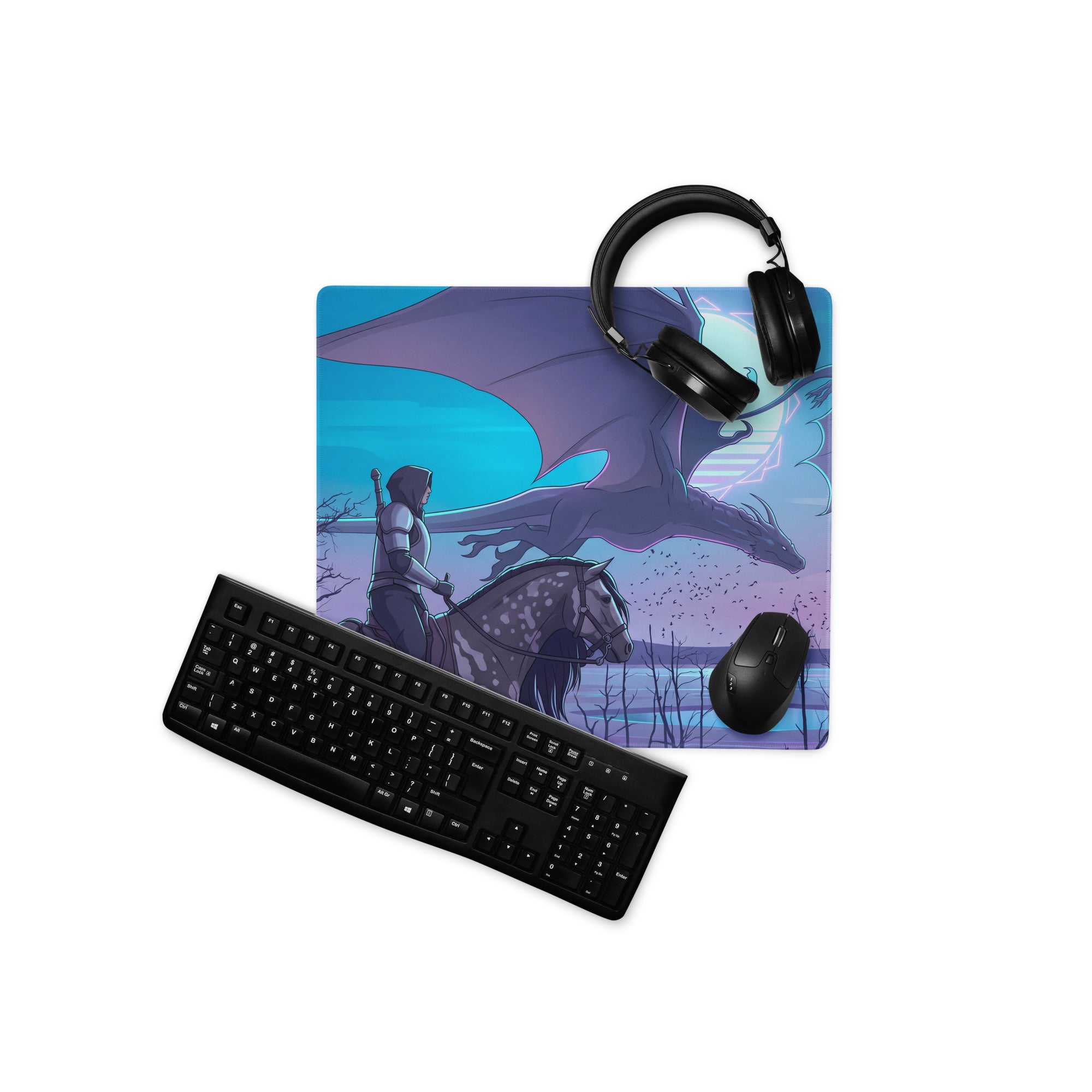 Blue and purple dragon-themed gaming mousepad with knight on horseback design vaporwave neon style desk accessory