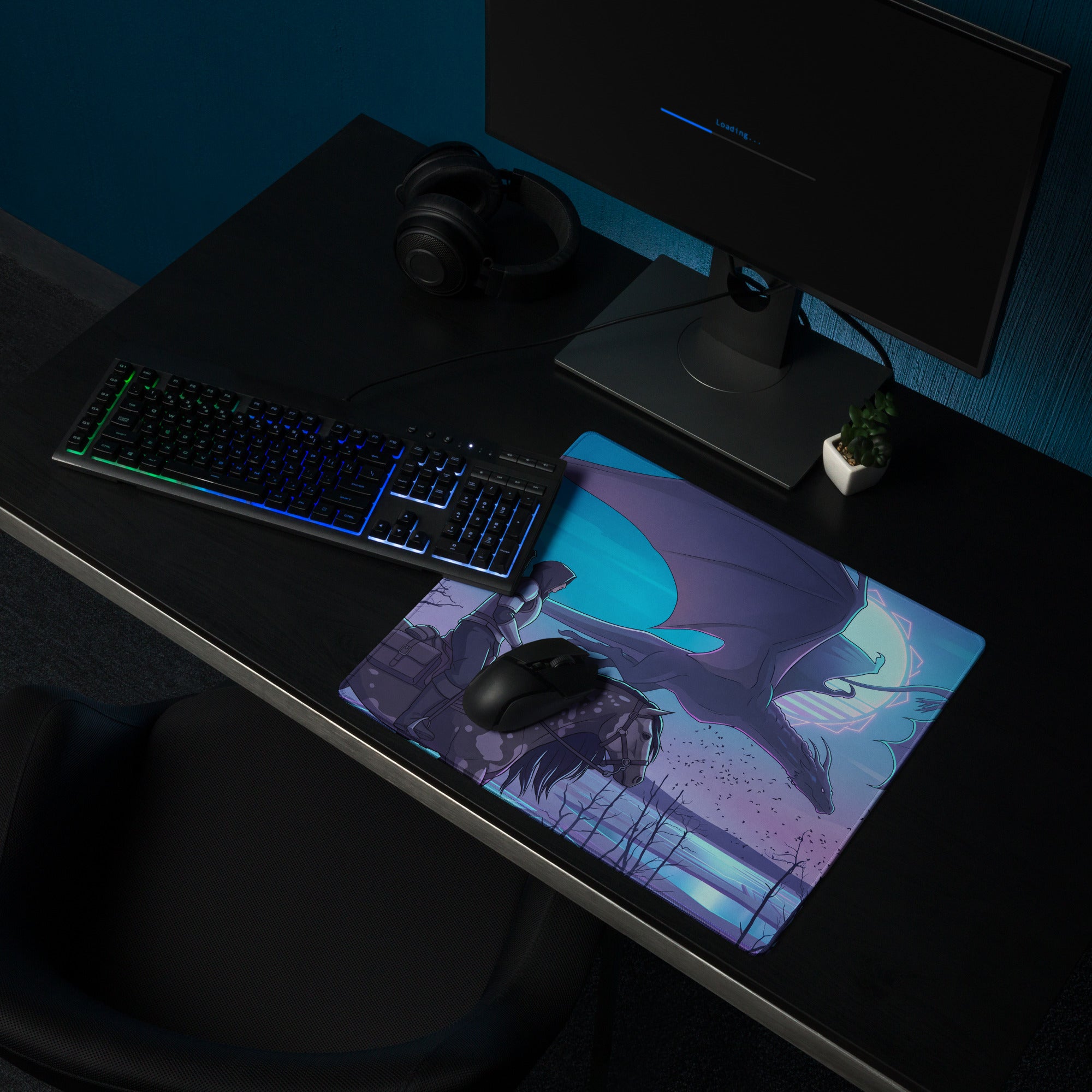 A rectangular gaming mousepad with vibrant anime dark-winged creature and glowing blue accents in vaporwave style
