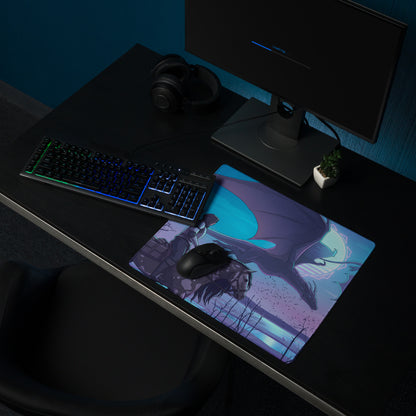 A rectangular gaming mousepad with vibrant anime dark-winged creature and glowing blue accents in vaporwave style