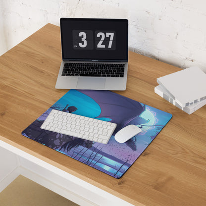 Vaporwave neon dragon pad anime-themed mousepad with blue and purple dragon rider illustration for desk use