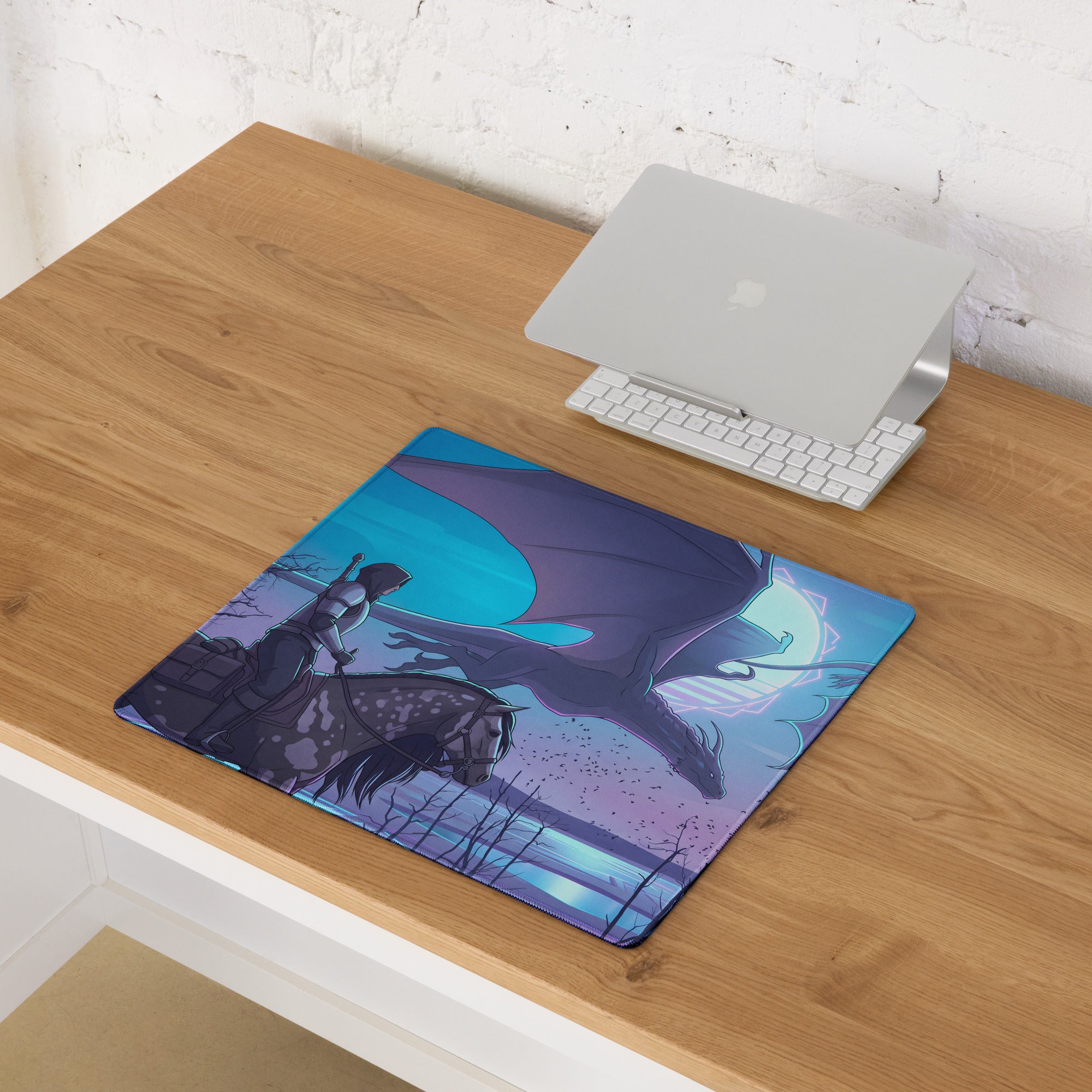 Blue and purple dragon-themed gaming mousepad with a knight on horseback design in vaporwave neon style