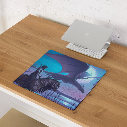 Blue and purple dragon-themed gaming mousepad with a knight on horseback design in vaporwave neon style