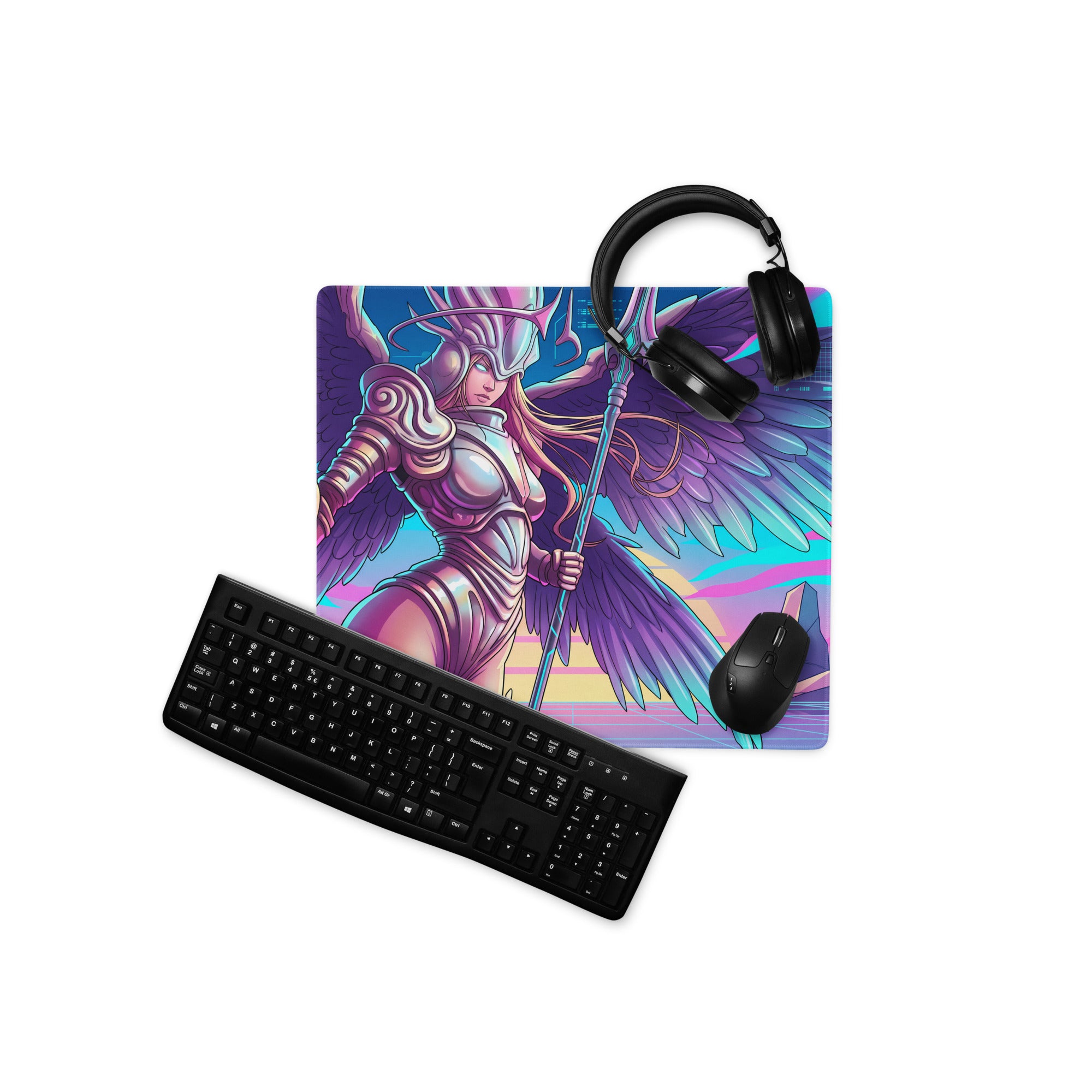 Vibrant purple and pink vaporwave gaming mousepad featuring a metallic armored winged warrior for desk use