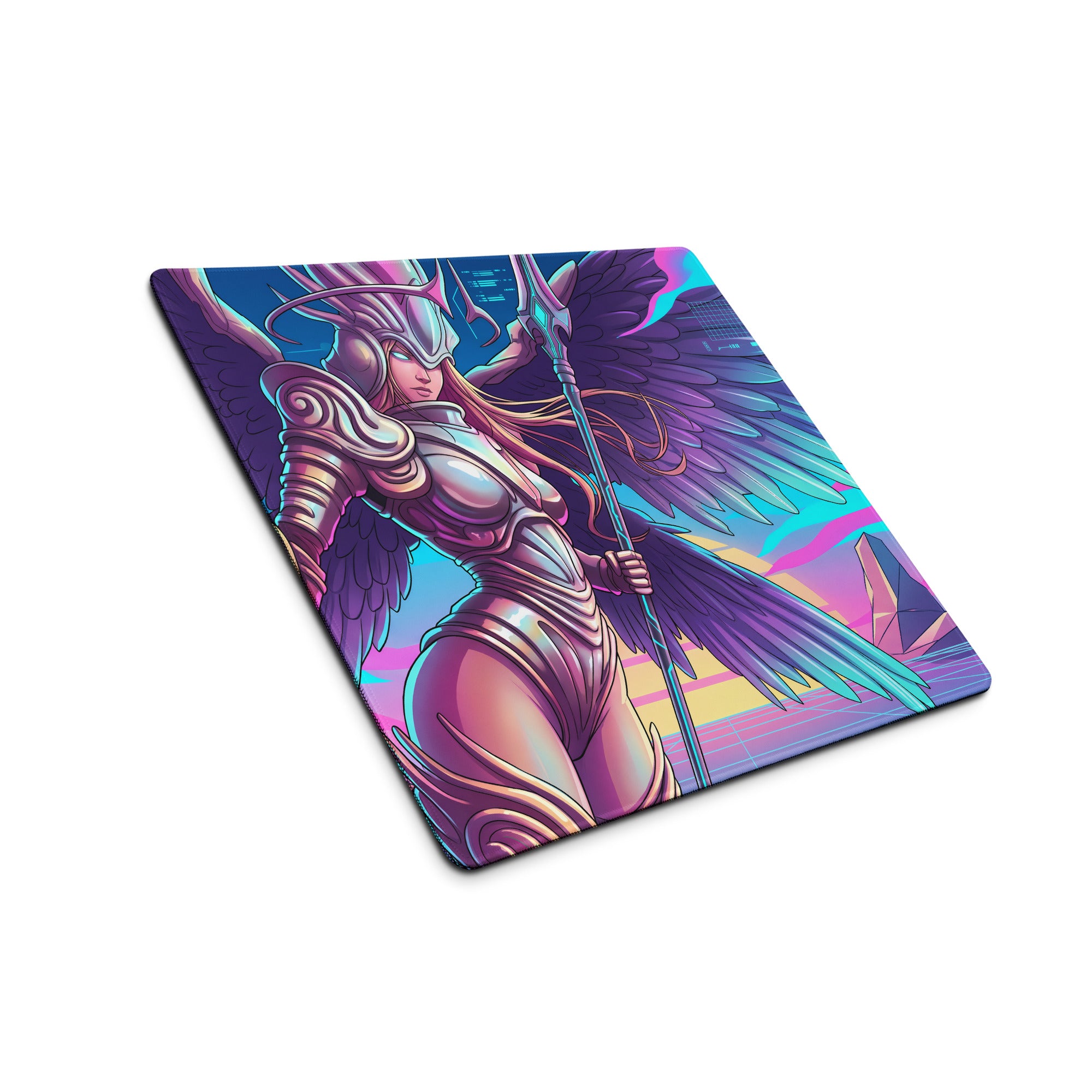 Vibrant neon pink and purple winged warrior illustrated rectangular gaming mousepad with a vaporwave futuristic design