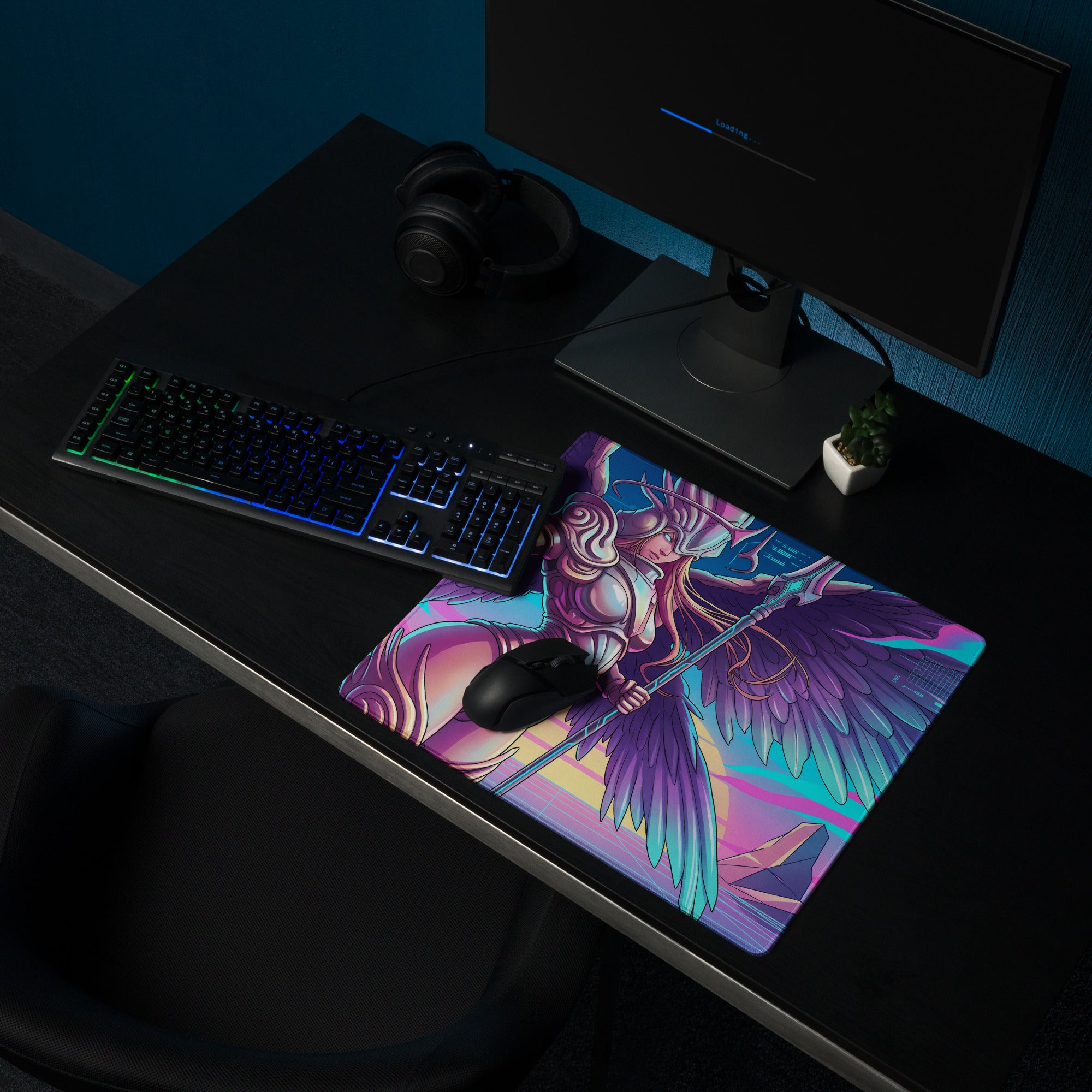 Vaporwave winged warrior gaming mouse pad with neon pink and teal angel design on glossy surface