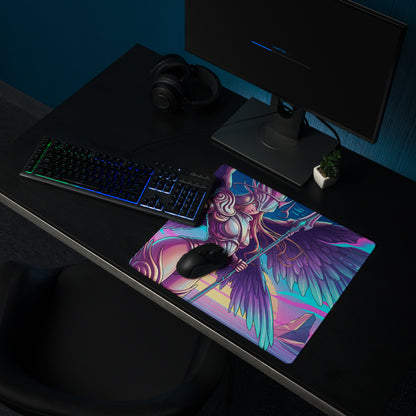 Vaporwave winged warrior gaming mouse pad with neon pink and teal angel design on glossy surface
