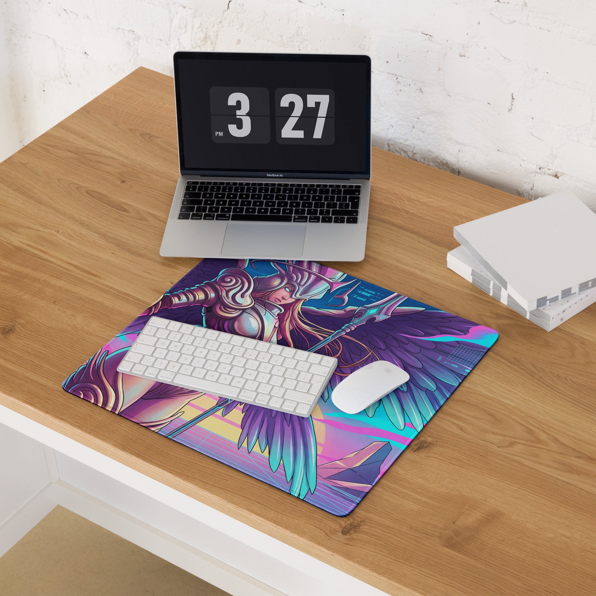 Vaporwave winged warrior mouse pad featuring a colorful purple and teal winged warrior illustration for gaming desks