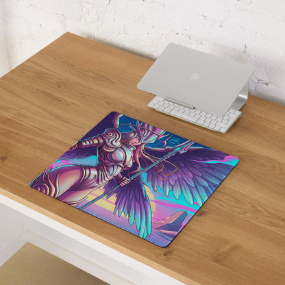 Vaporwave winged warrior gaming mouse pad with vibrant purple and teal winged warrior design on rectangular surface