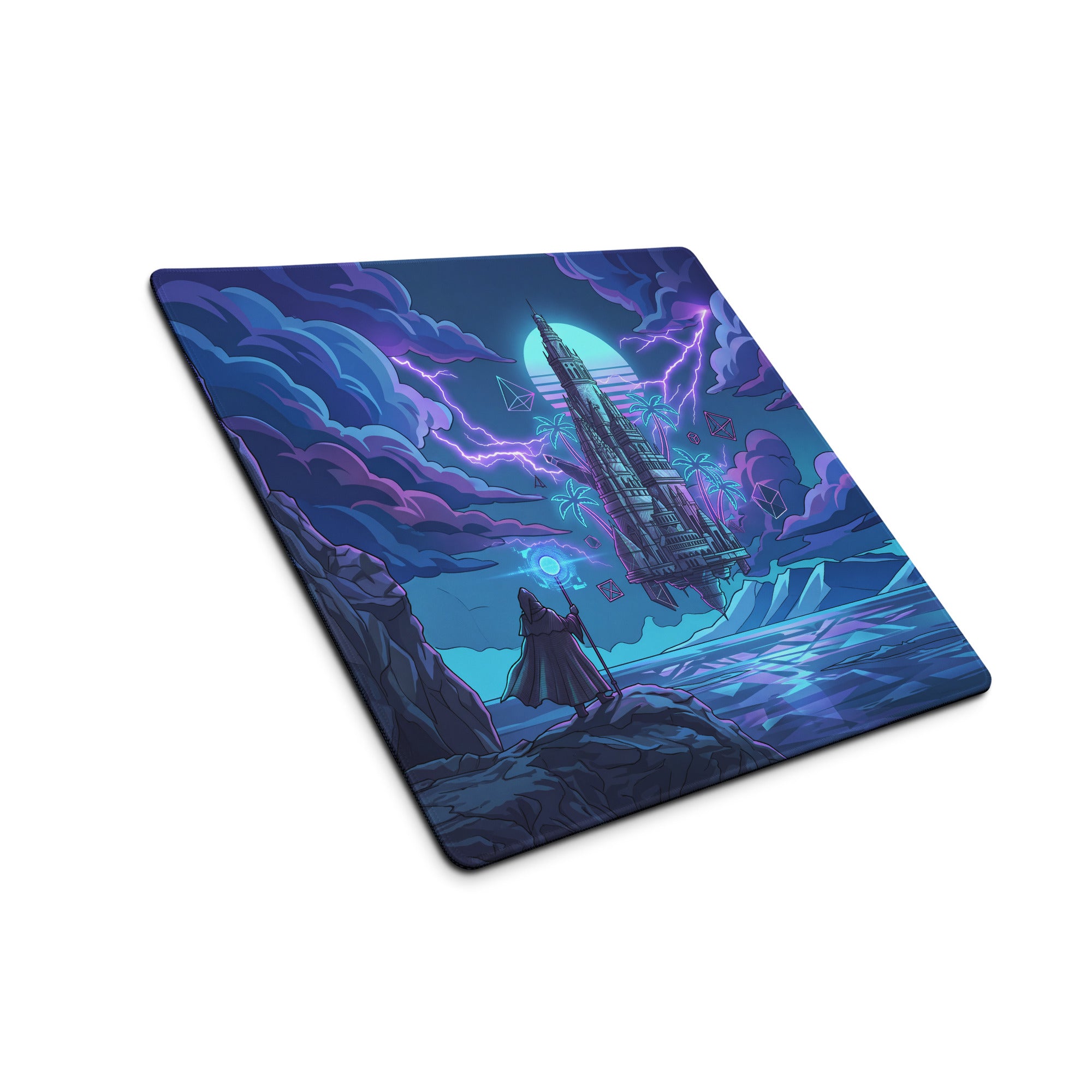 Rectangular neon castle vaporwave mouse pad with vibrant lone figure and stormy purple blue futuristic design