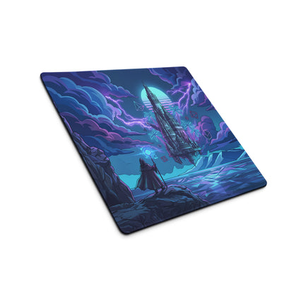 Rectangular neon castle vaporwave mouse pad with vibrant lone figure and stormy purple blue futuristic design