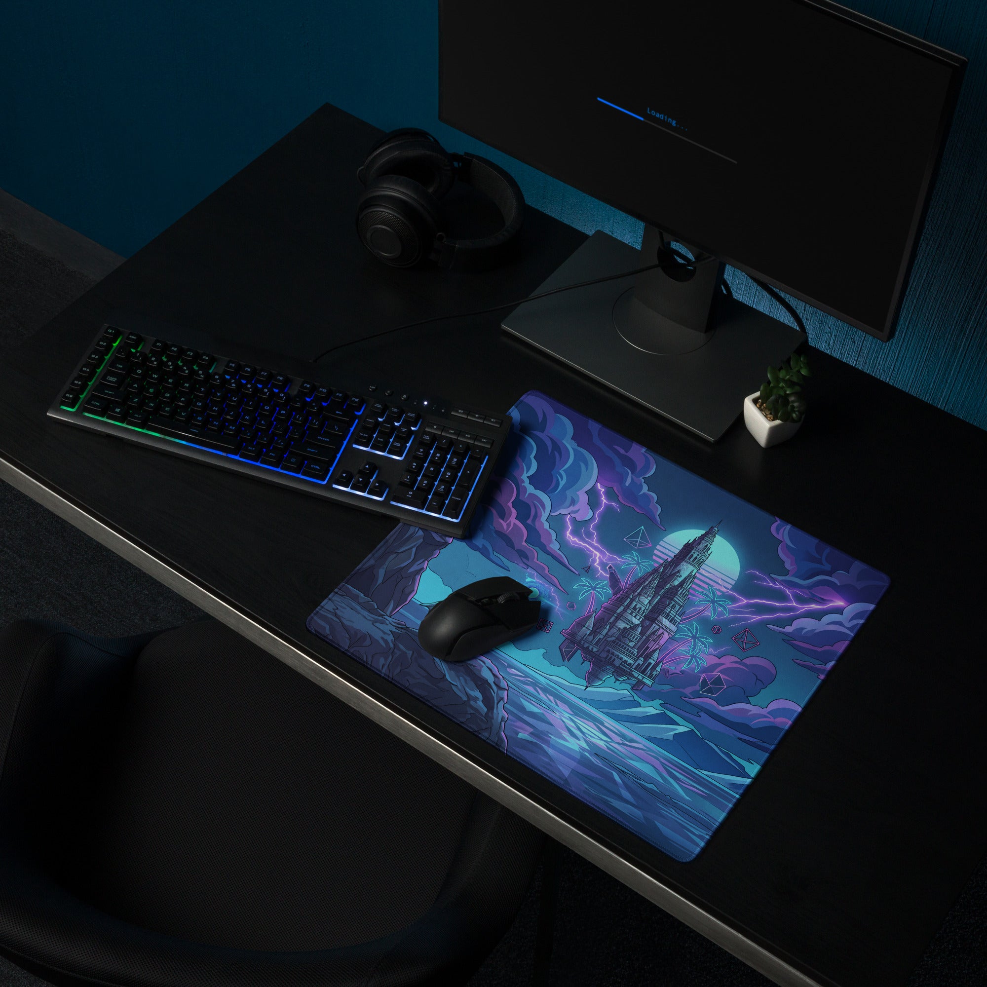Neon castle vaporwave mouse pad with navy blue purple cosmic theme and detailed futuristic spaceship illustration