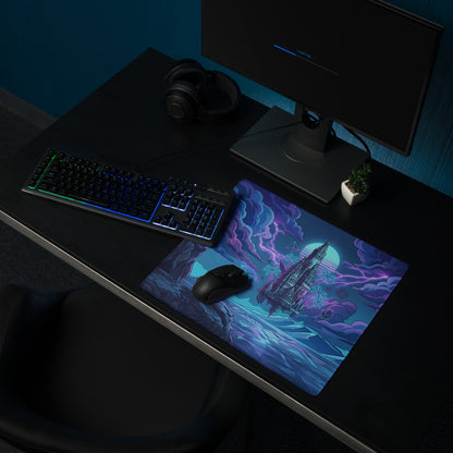 Neon castle vaporwave mouse pad with navy blue purple cosmic theme and detailed futuristic spaceship illustration