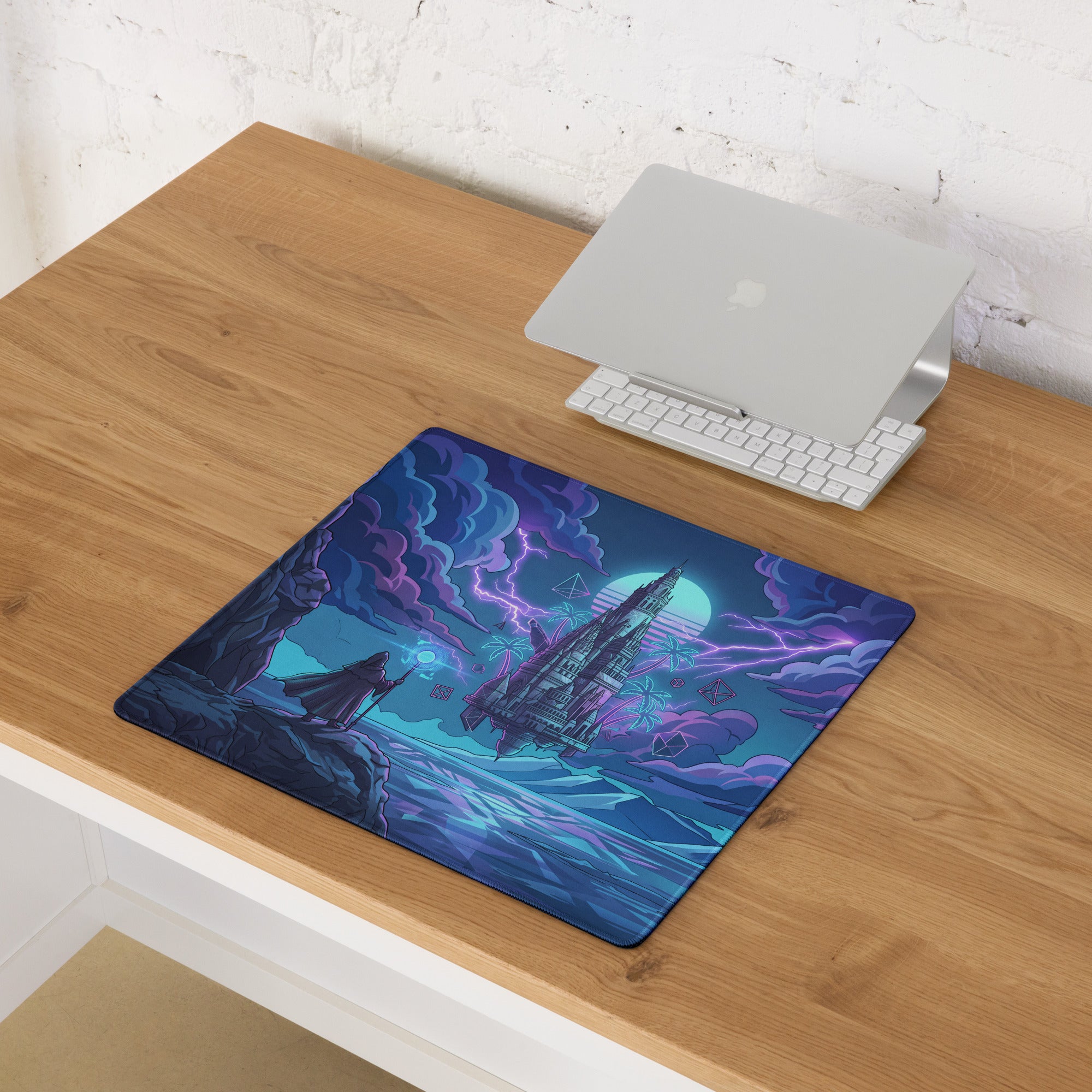 Navy blue and purple neon-themed gaming mousepad with a futuristic spaceship under a glowing moon and stormy skies