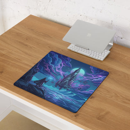 Navy blue and purple neon-themed gaming mousepad with a futuristic spaceship under a glowing moon and stormy skies