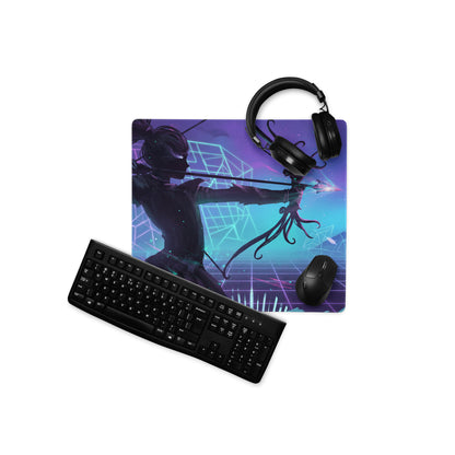 Purple and blue vaporwave neon arena gaming mouse pad with stylized archer and tentacles for cyberpunk decor