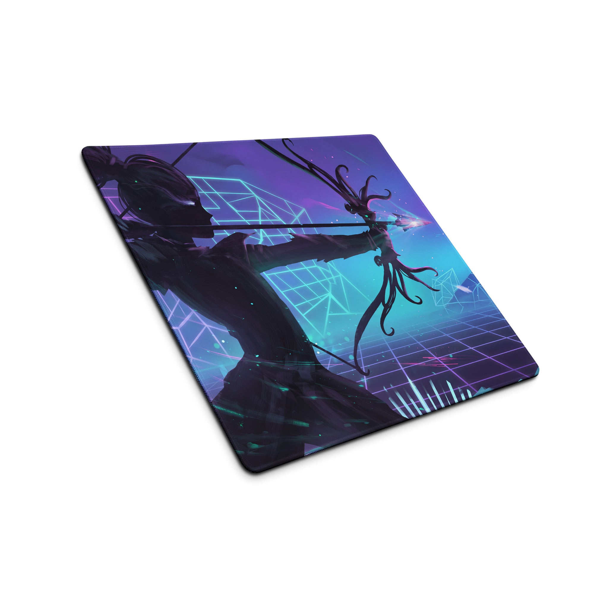 Vaporwave neon arena gaming mouse pad with dark archer silhouette and vibrant purple teal cyberpunk grid design