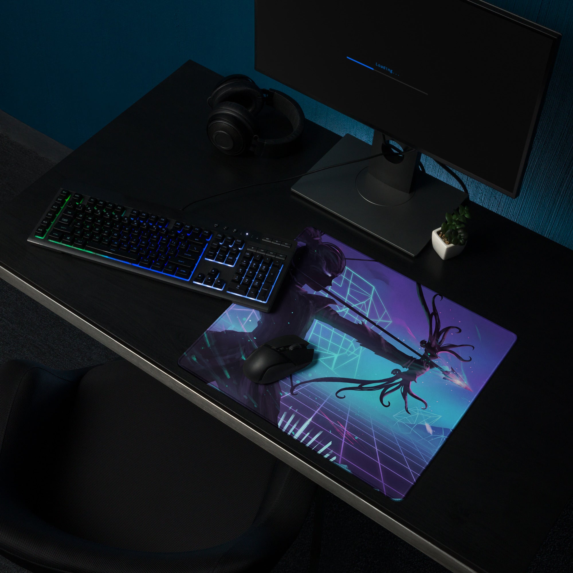 Vaporwave neon arena large extended purple and teal gaming mousepad with tentacle character and futuristic grid design