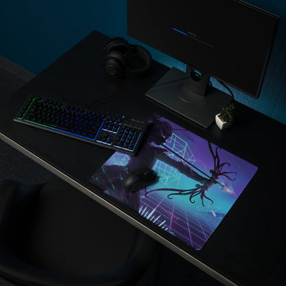 Vaporwave neon arena large extended purple and teal gaming mousepad with tentacle character and futuristic grid design