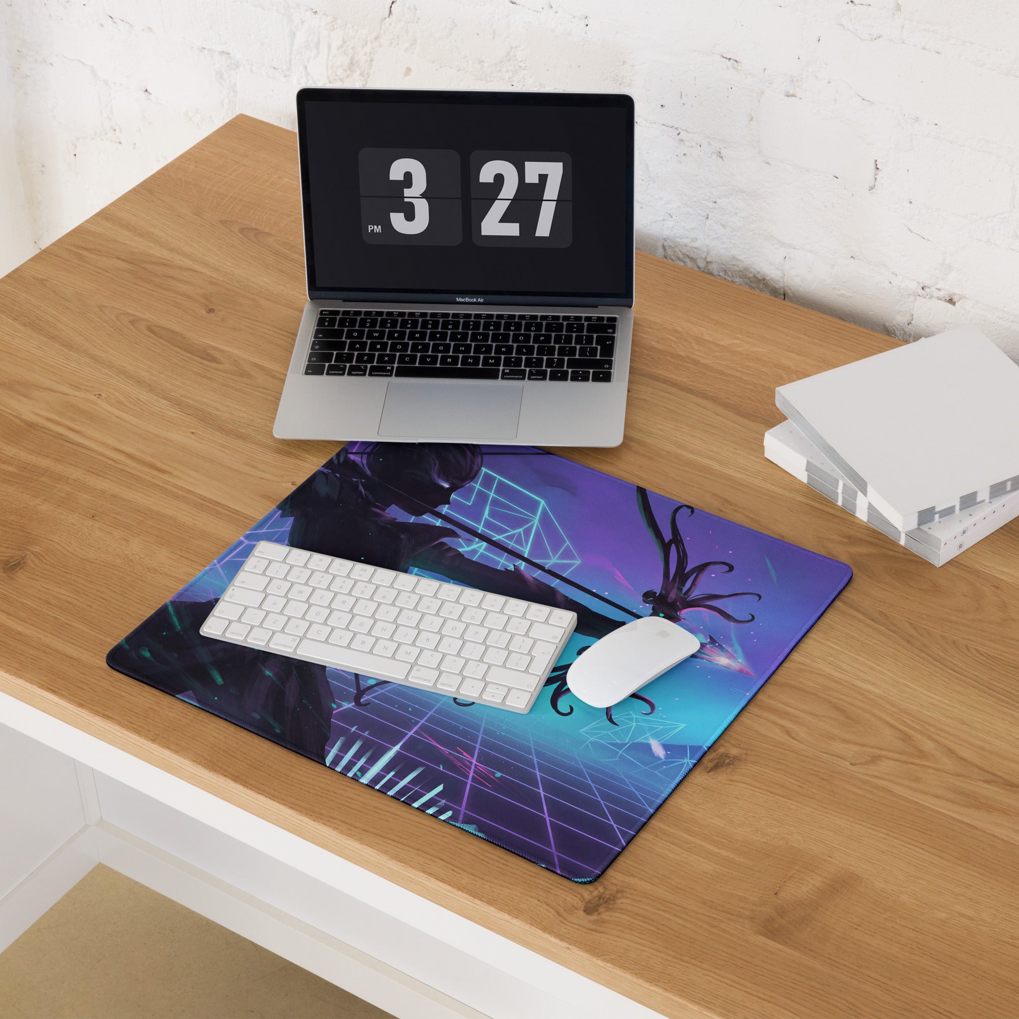 Navy blue and purple cyberpunk-themed vaporwave neon arena mouse pad with glowing neon grid design for gaming desks
